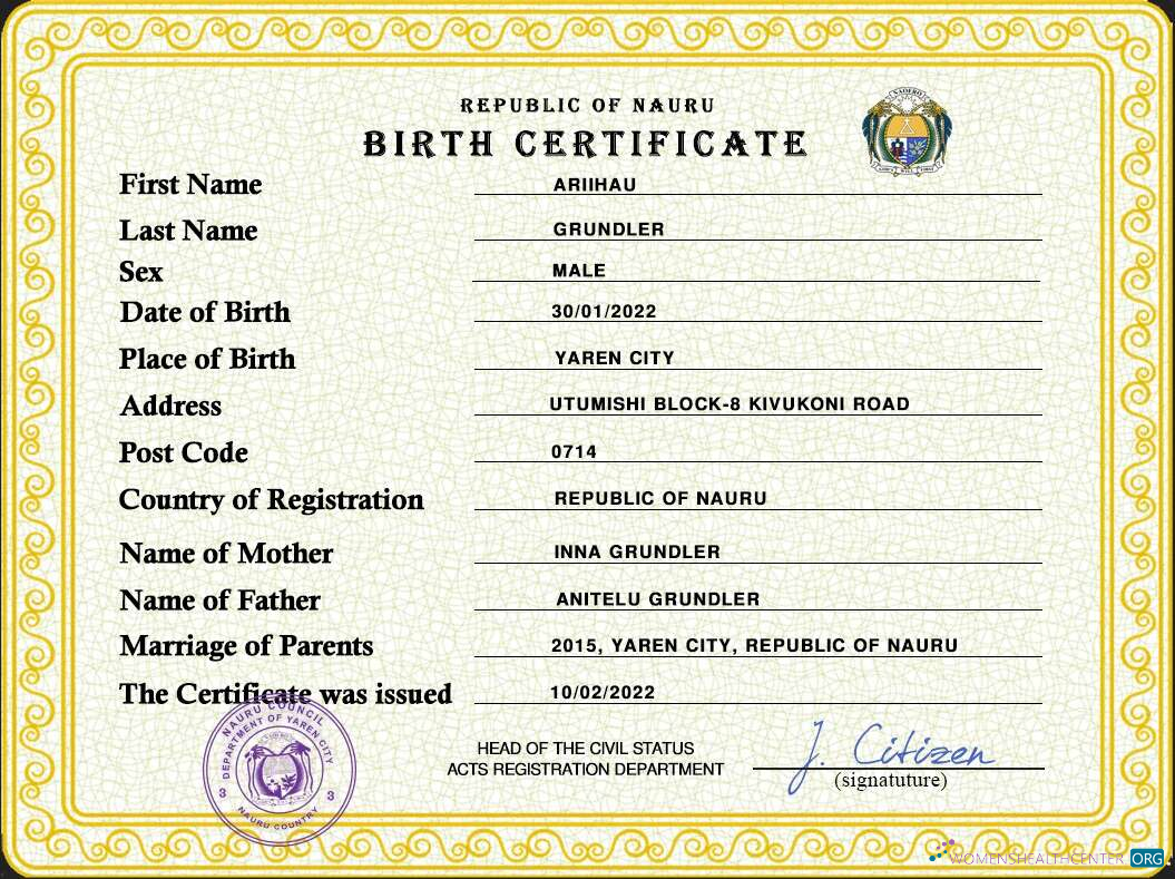 Download Nauru birth certificate PSD template Photoshop template